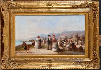 null Alfred GODCHAUX (1835-1895) La promenade des élégants sur la plage Huile sur...