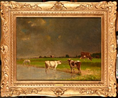 null CHARLES PÉCRUS (1826-1907) Horse and cows near a pond in stormy weather Oil...