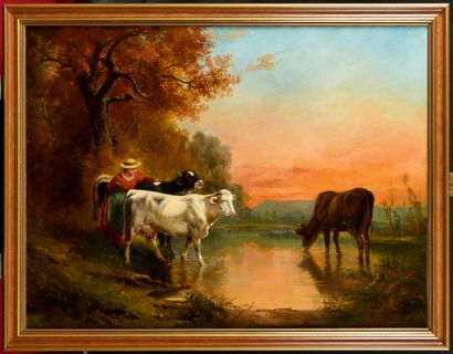  Théodore LÉVIGNE (1848-1912) Troupeaux de vaches au coucher du soleil Oil on canvas...