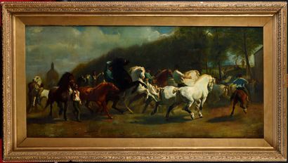  Rosa BONHEUR (1822-1899), After The Horse Market Oil on canvas 60 x 126 cm With...