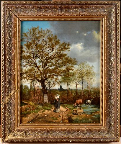 null Oil on panel, dated May 1853, located on the back : Val de Saire 39 x 30 cm...