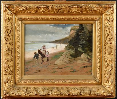 null Gustave Leonhard DE JONGHE (1829-1893) Elégante en promenade sur la plage Oil...