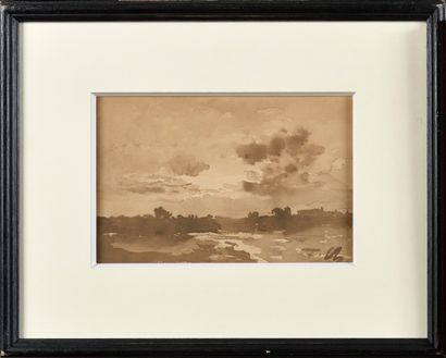 null JEAN-FERDINAND CHAIGNEAU (1830-1906) Une plaine Lavis d’encre sur papier Signé...