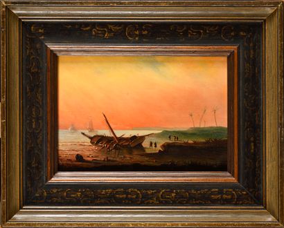 null Henriette Herminie GUDIN (1825-1876) Boats and fishermen at sunset Oil on panel,...