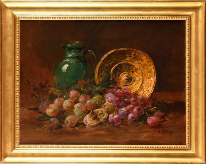 null GODCHAUX (actif au XIXème siècle) Etal de prunes Huile sur toile Signé en bas...
