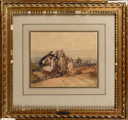 null GUSTAVE MORIN (1809-1886) Le retour du marché Watercolor on paper Signed, dated...