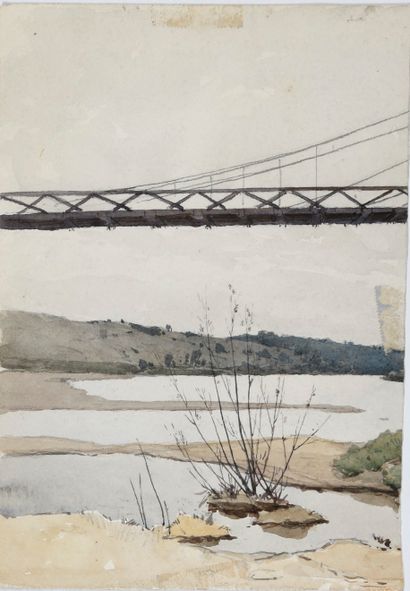 null ERNEST DESIGNOLLE (1850-1941) Pont suspendu (recto), Ruelle de village animée...