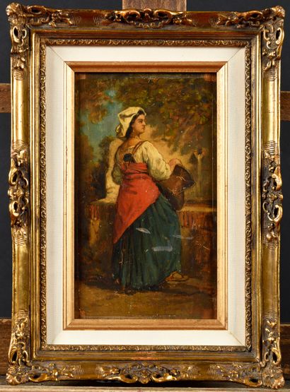 null Auguste ANASTASI (1820-1889) Jeune italienne à la fontaine Oil on panel On the...
