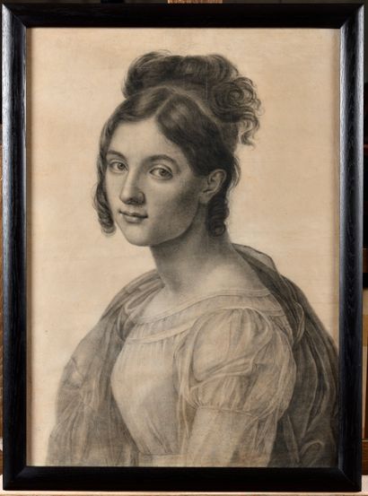 null ÉCOLE NÉOCLASSIQUE VERS 1820 Portrait de jeune femme en buste Fusain, mise au...