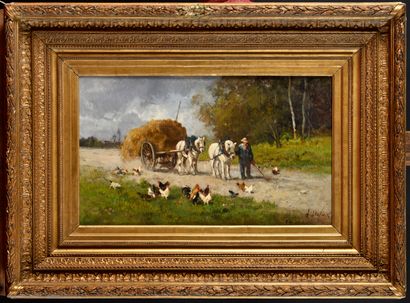 null Alexandre DEFAUX (1826-1900) Le retour de la fenaison Oil on panel, signed lower...