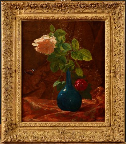 null François Louis FRANÇAIS (1814-1897) Roses au vase bleu Huile sur toile Signé...