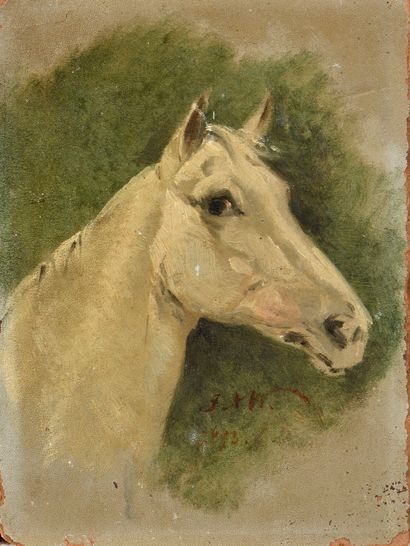 null ÉCOLE FRANÇAISE DE LA FIN DU XIXè SIÈCLE Portrait de cheval en buste Huile sur...