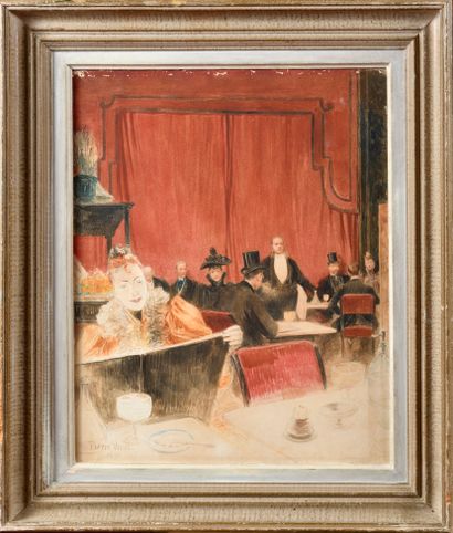 null PIERRE VIDAL (1849-1929) Scène de café-concert Aquarelle, craie rouge et graphite...