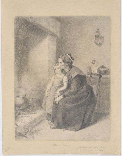 null LÉON ÉMILE CAILLE (1836-1907) Mother and child, near the hearth Graphite on...