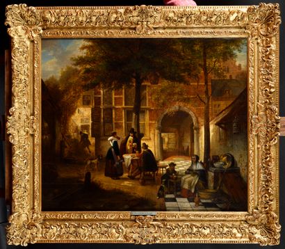 null Hendrik LEYS (1815-1869) Cour animée Oil on canvas Signed lower right 65 x 89...