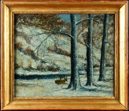  GUSTAVE COURBET (1819-1877) Two deer at rest in a snowy landscape Oil on canvas...