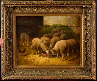 null G.JACQUET (XIX) Moutons à la bergerie Oil on canvas Signed on the lower left...