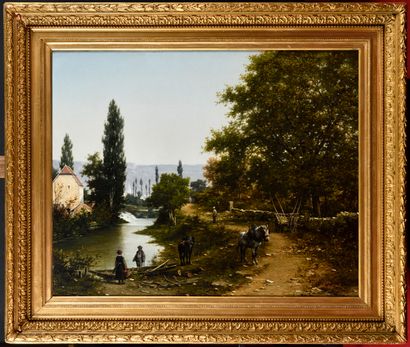 null Léon LÉGAT (1829-?) Bord de rivière animé Oil on canvas signed on the lower...