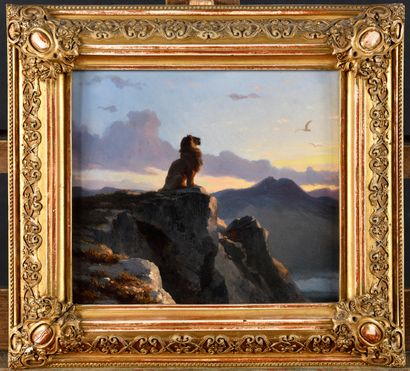 null ECOLE FRANÇAISE VERS 1850 Lion sur une falaise Huile sur panneau Tampon de fournisseur...