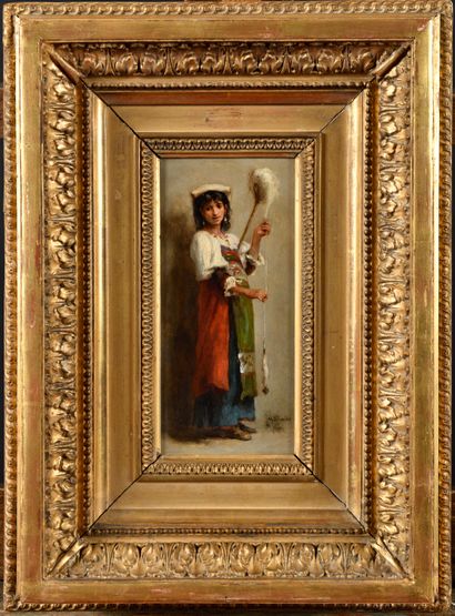 null Charles Baptiste SCHREIBER (1845-1903) Jeune italienne filant Oil on panel Signed...