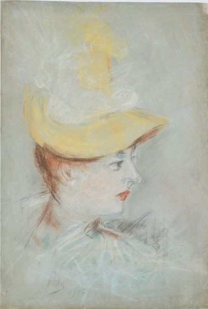 null IMPRESSIONIST SCHOOL C. 1900 Elegant woman in profile with hat Pastel on blue...