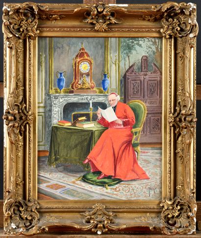 null François Joseph GIROT (1873-1916) Cardinal at the reading Watercolor signed...