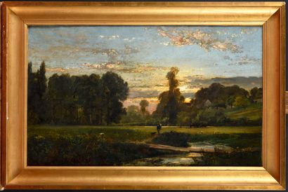 null Alexandre René VÉRON (1826-1897) Promeneur au coucher de soleil Oil on canvas...