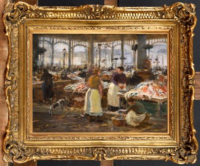null Victor Gabriel GILBERT (1847-1935) Les Halles, le marché aux poissons Oil on...