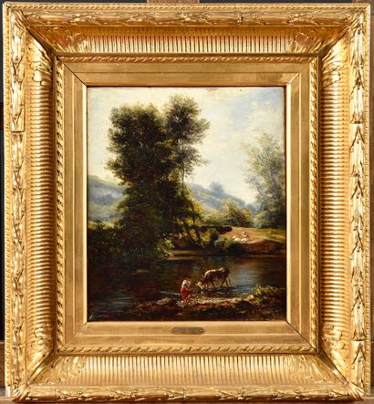 null Attributed to André GIROUX (1801-1879) Bord de rivière animé Oil on canvas 34...