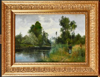 null Pierre Ernest BALLUE (1855-1928) Promenade au bord du Loing Oil on canvas Signed...