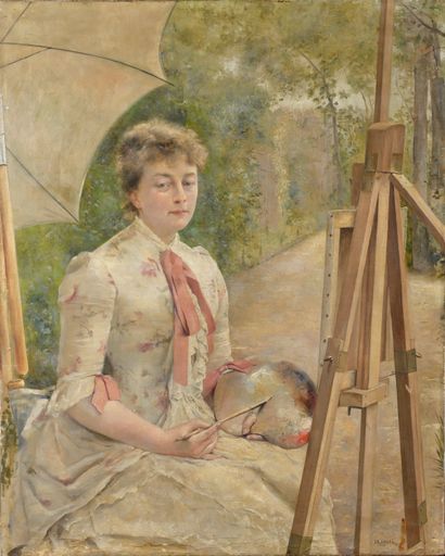 null Henri RONDEL (1857-1919) Jeune femme au chevalet Huile sur toile Signé en bas...