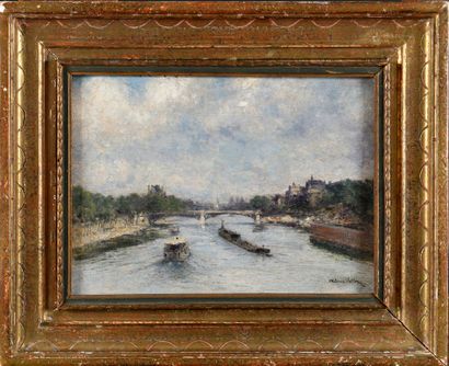 null Alexis VOLLON (1865-1945) La Seine à Paris Oil on panel, signed lower right,...