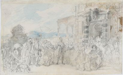 null EUGÈNE LOUIS LAMI (1800-1890) Don Quichotte Aquarelle et graphite sur papier...