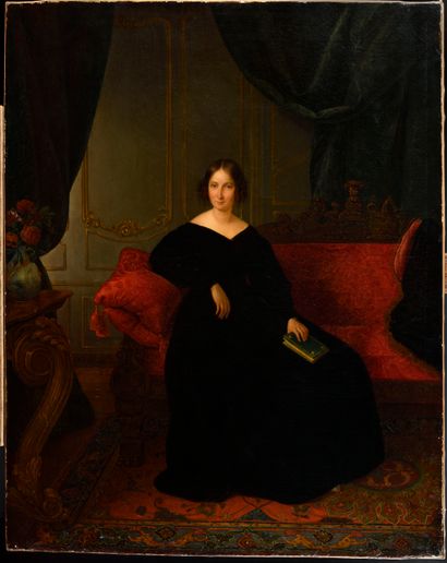 null School of the XIXth century Portrait of a lady reading Oil on canvas Trace of...