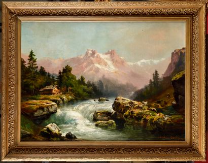 null Théodore LÉVIGNE (1848-1912) Paysage de montagne Oil on canvas Signed lower...
