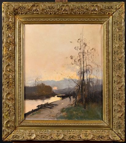 null Eugène GALIEN-LALOUE (1854-1941) Bord de rivière au crépuscule Oil on canvas...