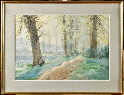 null Auguste ALLONGÉ (1833-1898) Promenade en forêt Watercolour signed on the lower...
