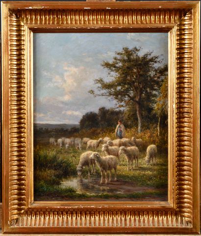 null Jean Ferdinand CHAIGNEAU (1830-1906) Shepherdess and her flock Oil on canvas...