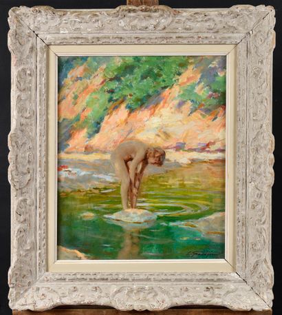 null Lucien Henri GRANDGÉRARD (1880-1970) Femme au bain Oil on canvas Signed lower...