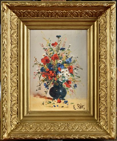 null Eugène PETIT (1839-1886) Bouquets tricolores Paire d’huiles sur panneau Signé...