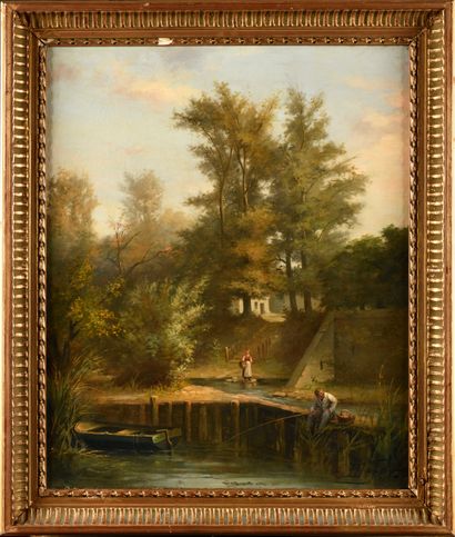 null Jules DEFER (1803-1902) Animated landscape of a fisherman Oil on canvas Signed...
