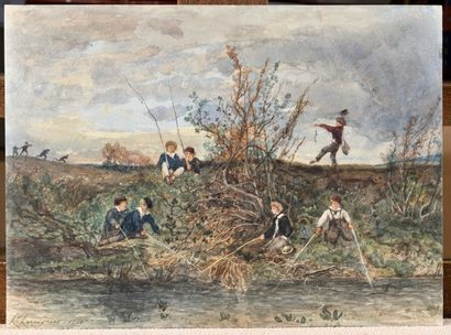 null Henri Joseph HARPIGNIES (1819-1916) The little fishermen Watercolour on paper...