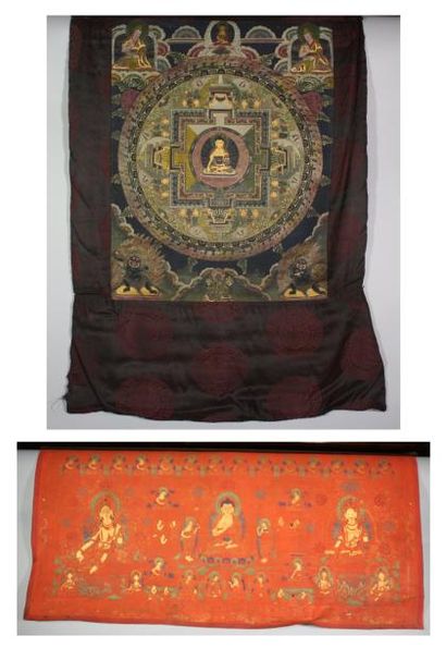null LOT de deux TANKA tibétains peints l'un sur cuir, l'autre sur soie.