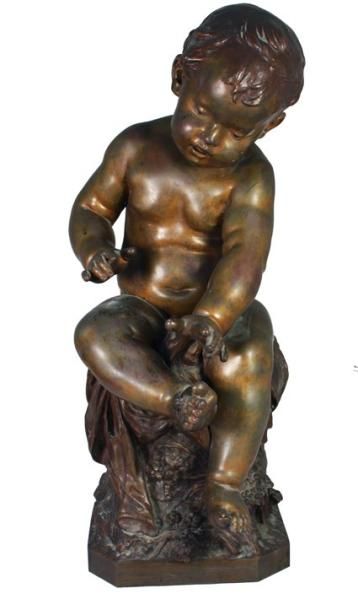 MOREAU Auguste (1834-1917) Enfant à la mouche assis sur un rocher drapé et fleuri....