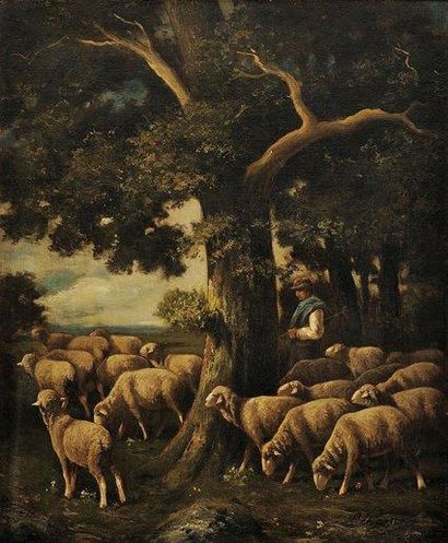 Charles Ferdinand CERAMANO (Thielt 1829- Barbizon 1909) Berger et ses moutons.
Huile...