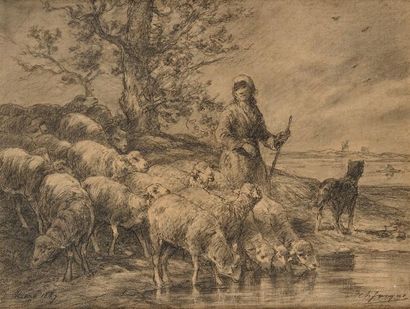 Charles Emile JACQUE (Paris 1813 - Annet-sur- Marne 1894) Gardienne et ses moutons...