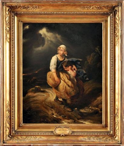 Paul DELAROCHE (Paris 1797 - 1856) Enfants surpris par l'orage Toile 74 x 60 cm Signé...