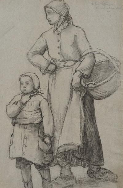 Georges François LAUGEE (1853 - 1937) Mère et fille Dessin au crayon Signé 47x31