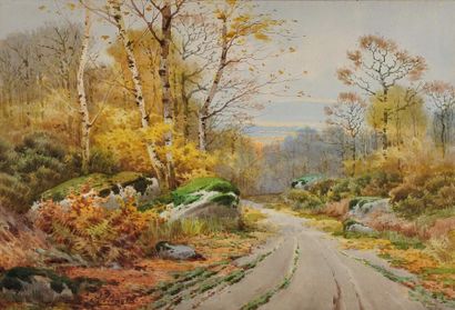 Auguste ALLONGE (Paris 1833 - Marlotte 1898) Chemin en forêt Aquarelle sur trait...
