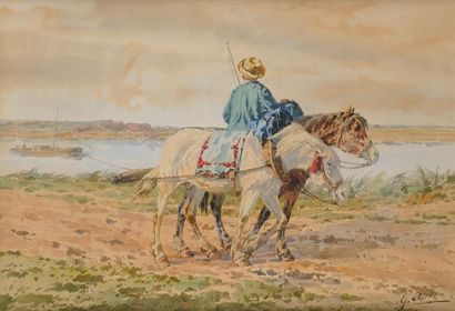 Léon Georges CALVES (Paris 1848 - 1923) Les chevaux de hallage Aquarelle 35 x 51...